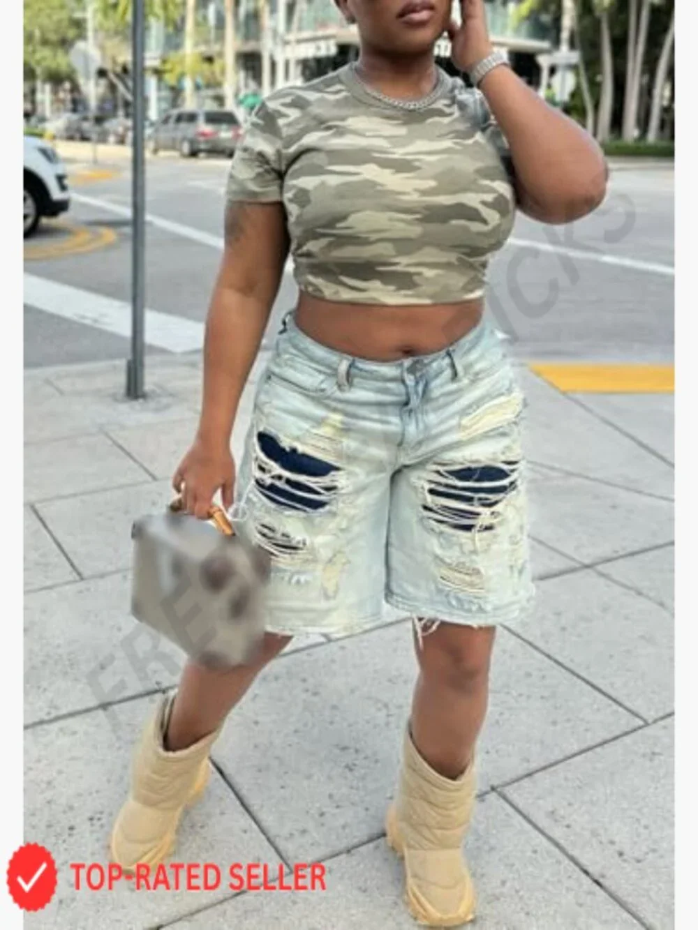 Baggy Ripped Denim Shorts High Waist Straight Wide Leg Y2K Casual Bermuda